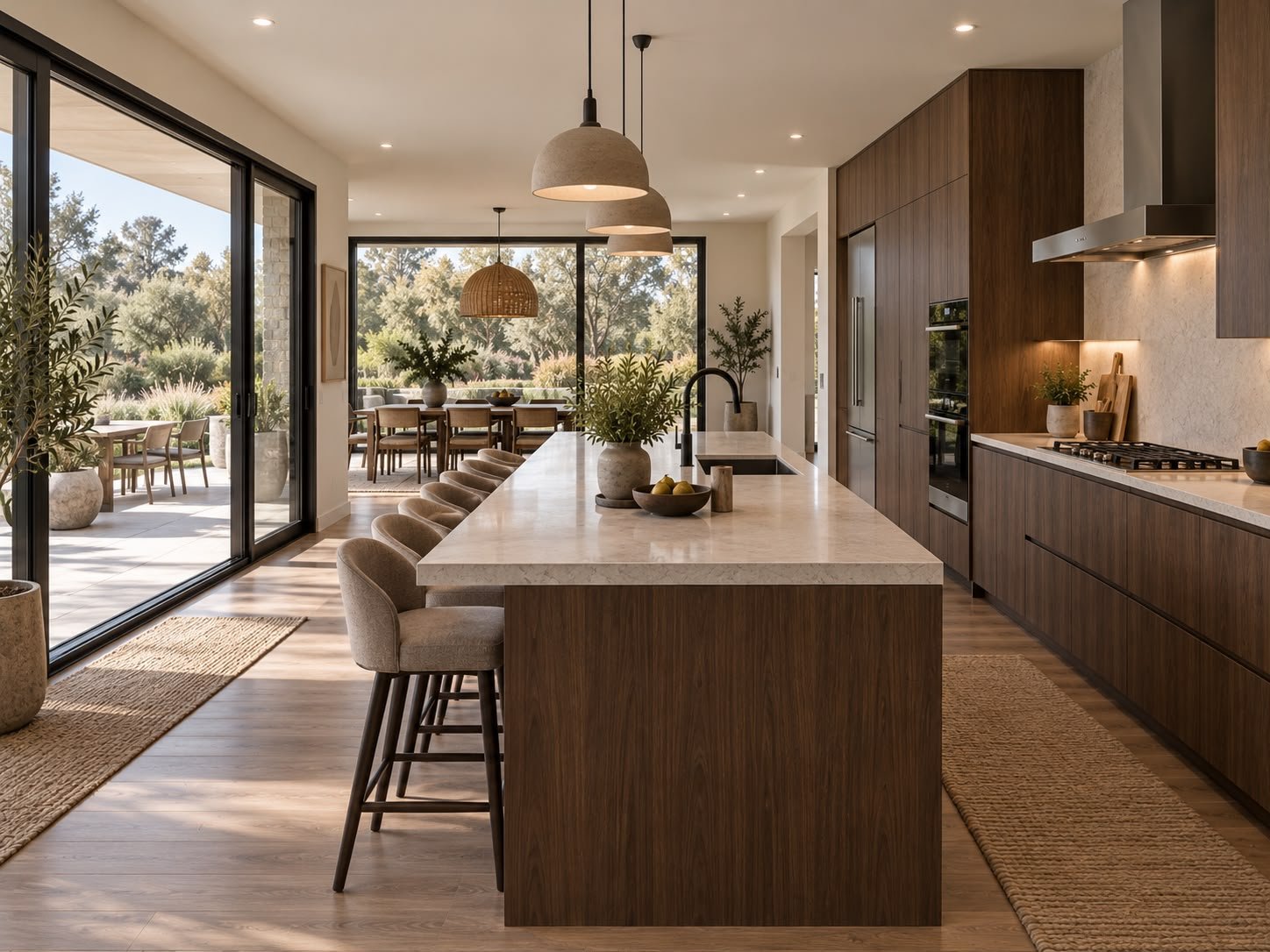 Cocina conceptual con isla de piedra y muebles de madera