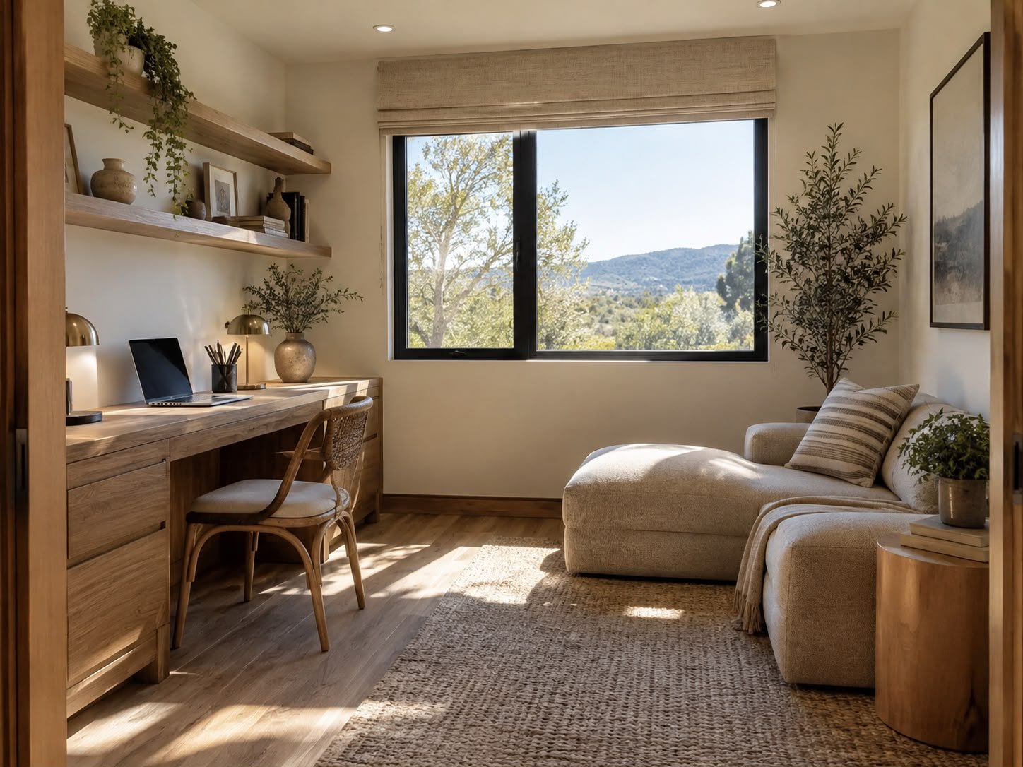 Estudio conceptual con escritorio de madera y rincón de lectura