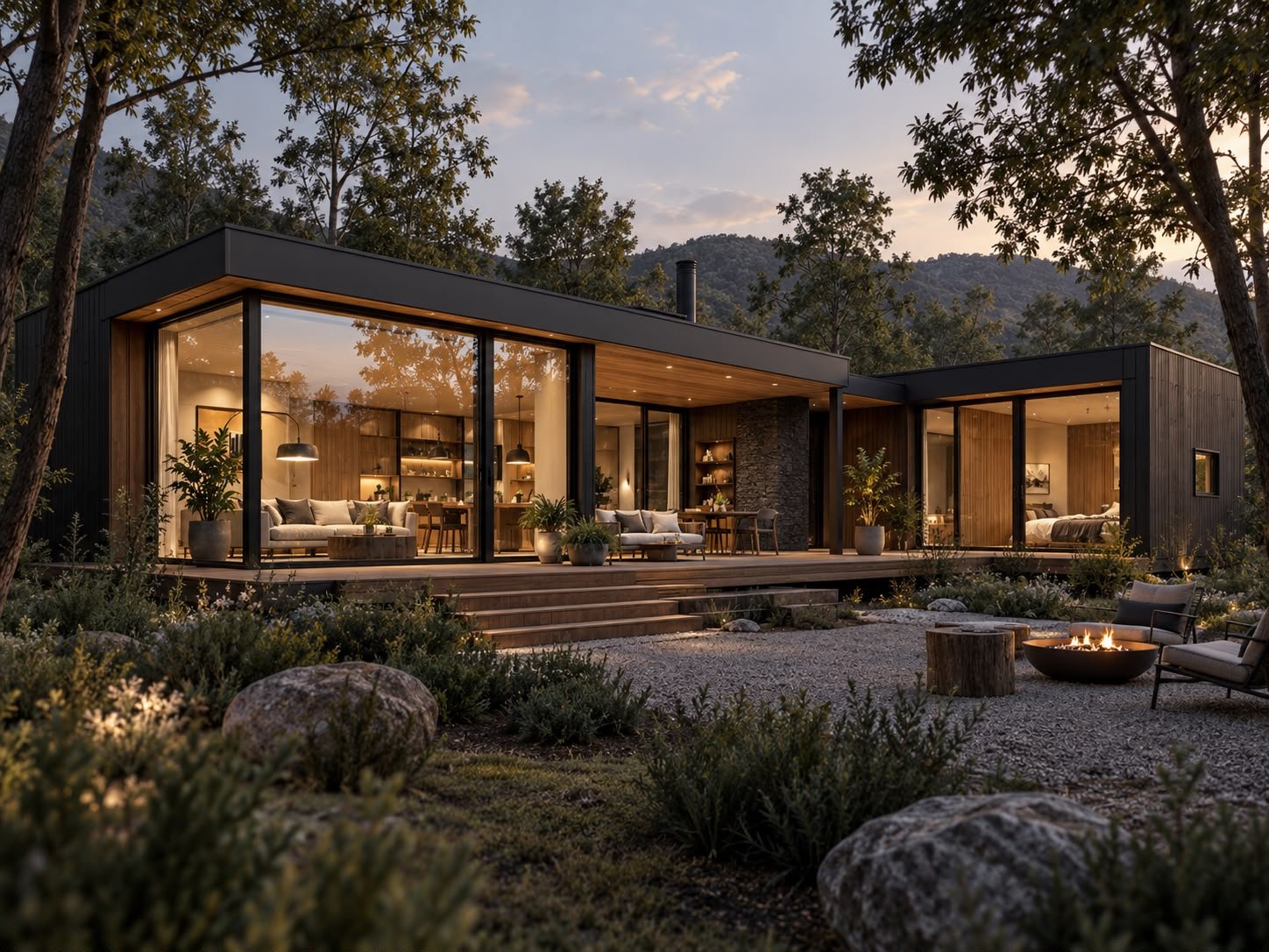 Madera, vidrio y espacios conectados con el bosque.